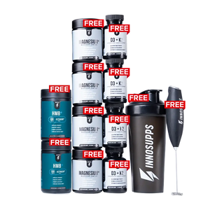 2 HMB+, 4 Bottles of Magnesium+, 4 Bottles of D3 + K2, Shaker & Frother Special Offer